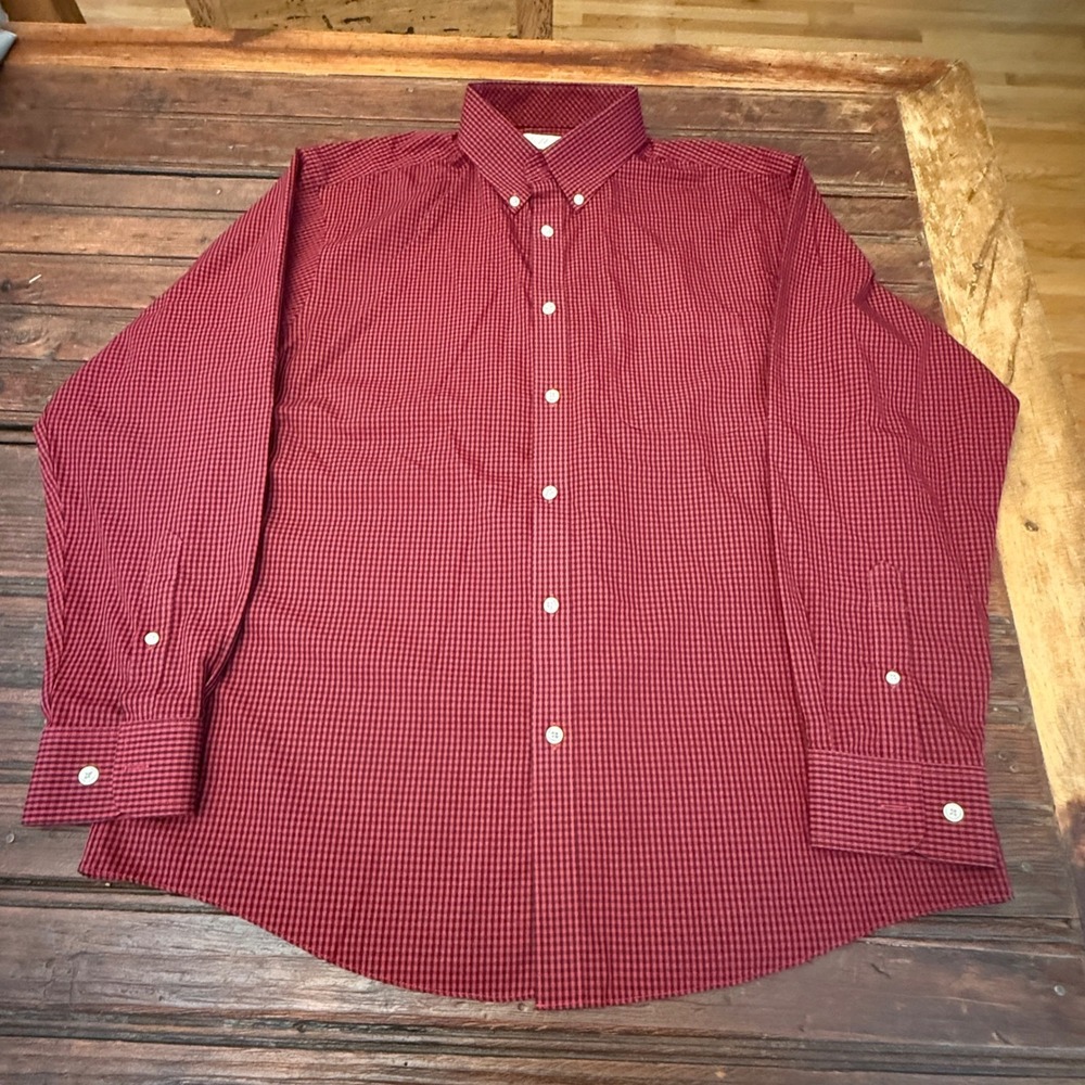 Roundtree & Yorke Gold Label Mens Large Red Black Gingham Non-Iron Cotton Shirt - Picture 2 of 7